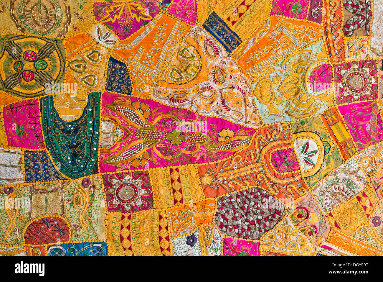 Traditional wall hanging from Rajasthan, multicolored, with tiny mirrors, detailed view, Rajasthan, India, Asia Stock Photo