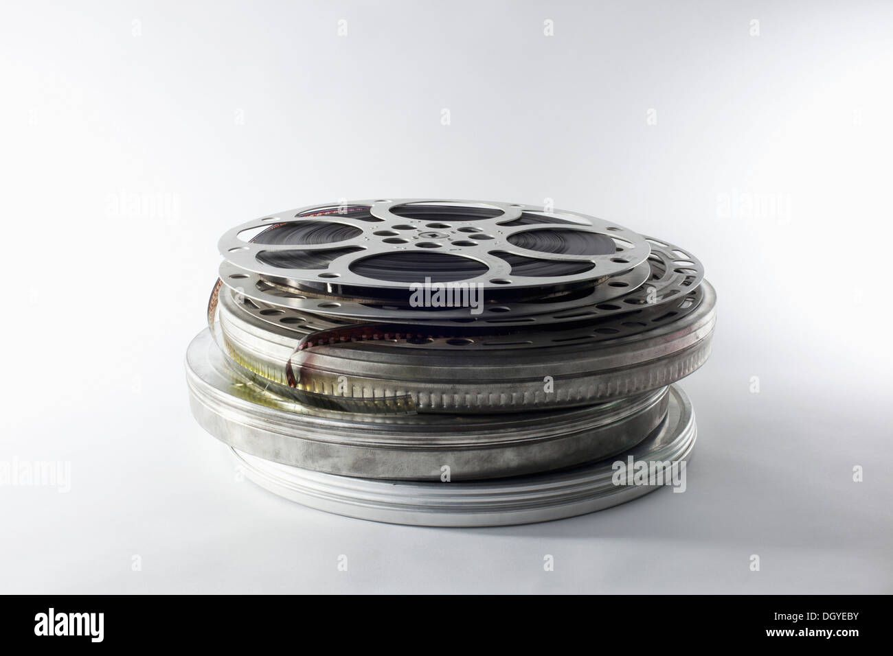 Stack of film reels in canisters Stock Photo