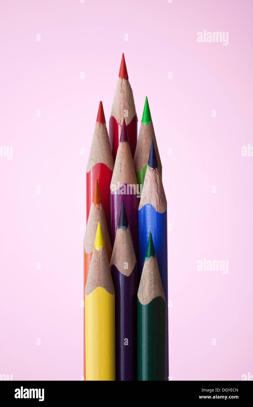 Colored pencils arranged in an orderly group Stock Photo