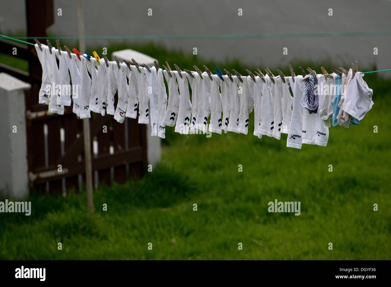 Socks hanging on a clothesline, Sumba, Suðuroy, Faroe Islands, Denmark Stock Photo