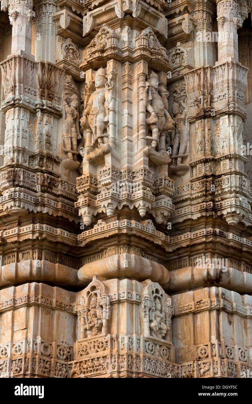 Decorative sculptures, Kirti Stambha, the victory tower of the Jains, built in honour of the first Jain Tirthankara Adinath Stock Photo