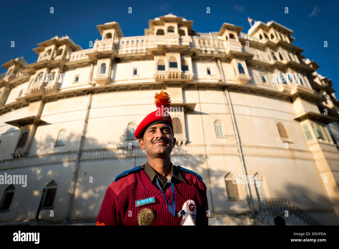 Palace guard, Shiv Niwas Palace heritage hotel, City Palace of the Maharana of Udaipur, Udaipur, Rajasthan, India Stock Photo