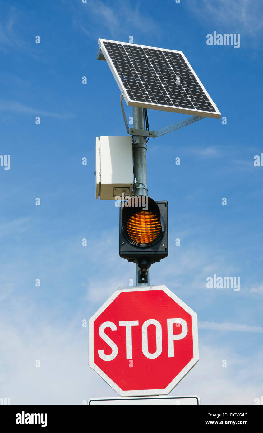 Solar cells providing the energy for a warning light at an intersection, Vlasici, Pag Island, Adriatic Sea, Gulf of Kvarner Stock Photo