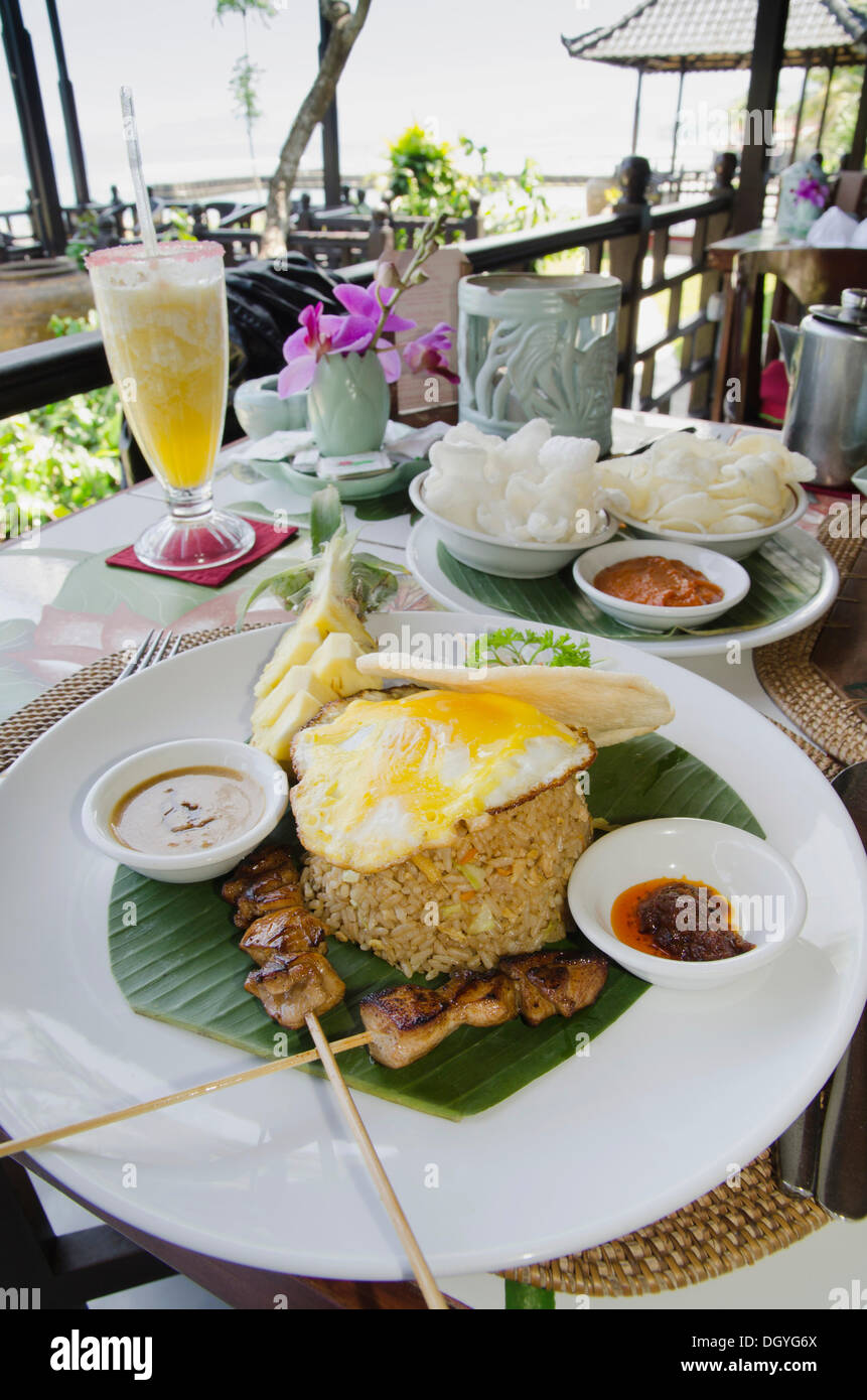 Nasi Goreng, Indonesian fried rice, Indonesian cuisine, at a restaurant, Candi Dasa, Bali, Indonesia Stock Photo
