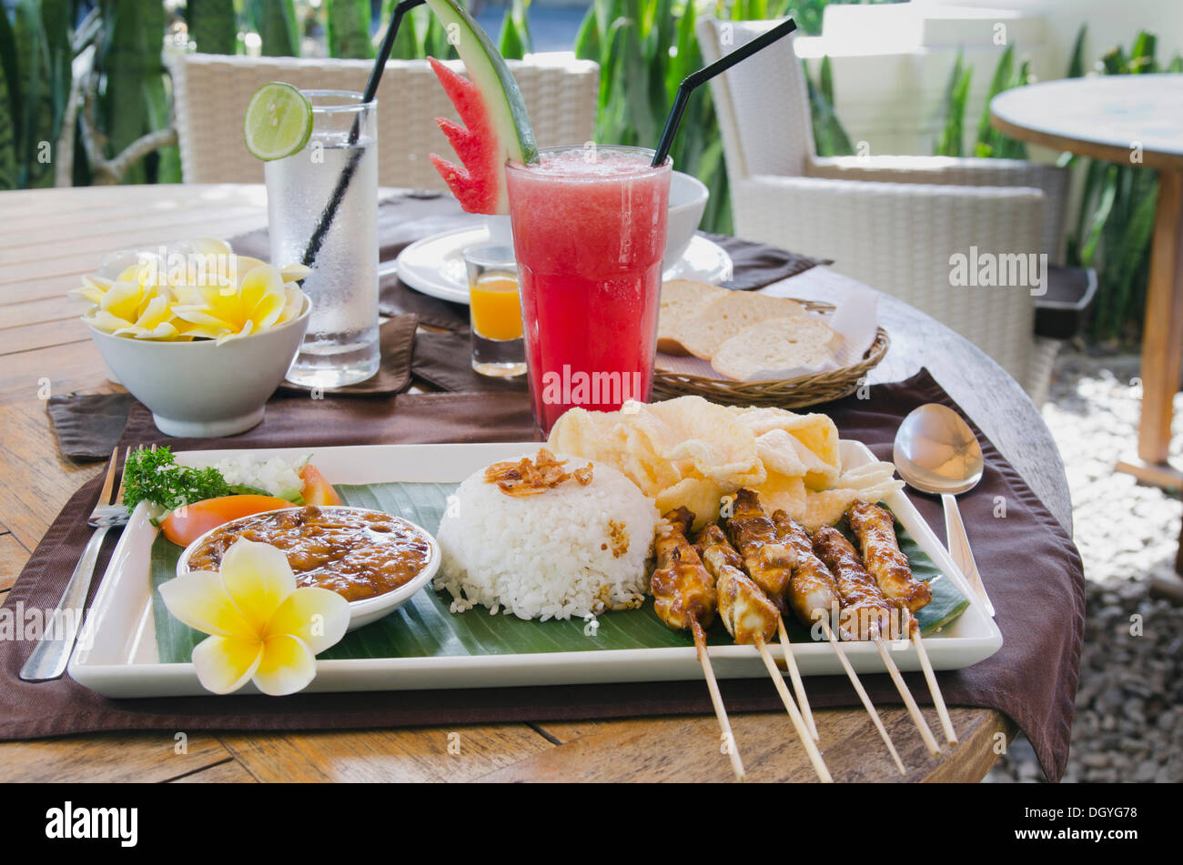 Chicken satay, chicken skewers with rice, Indonesian cuisine, at a restaurant, Ubud, Bali
