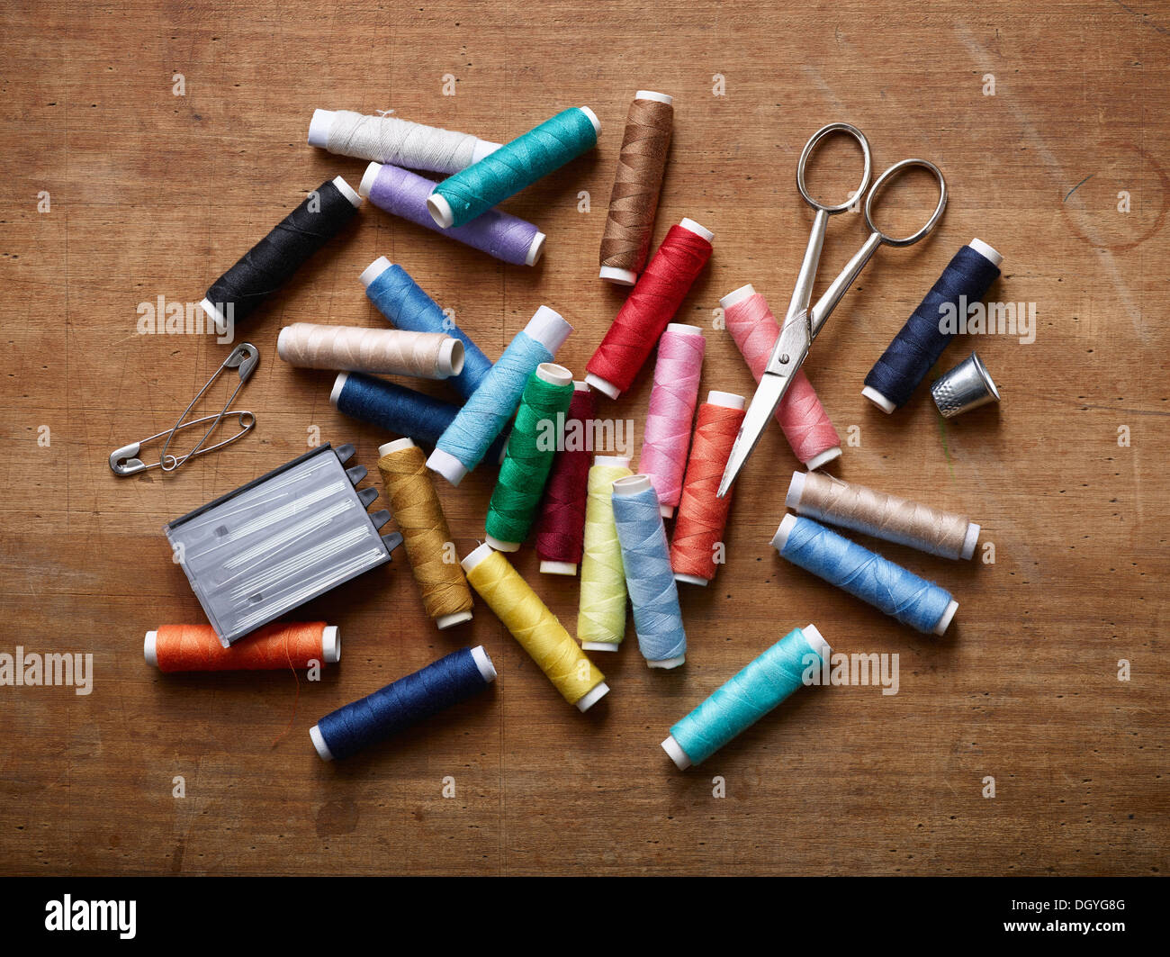 Heap of multi-coloured sewing pins on a white background, Stock image