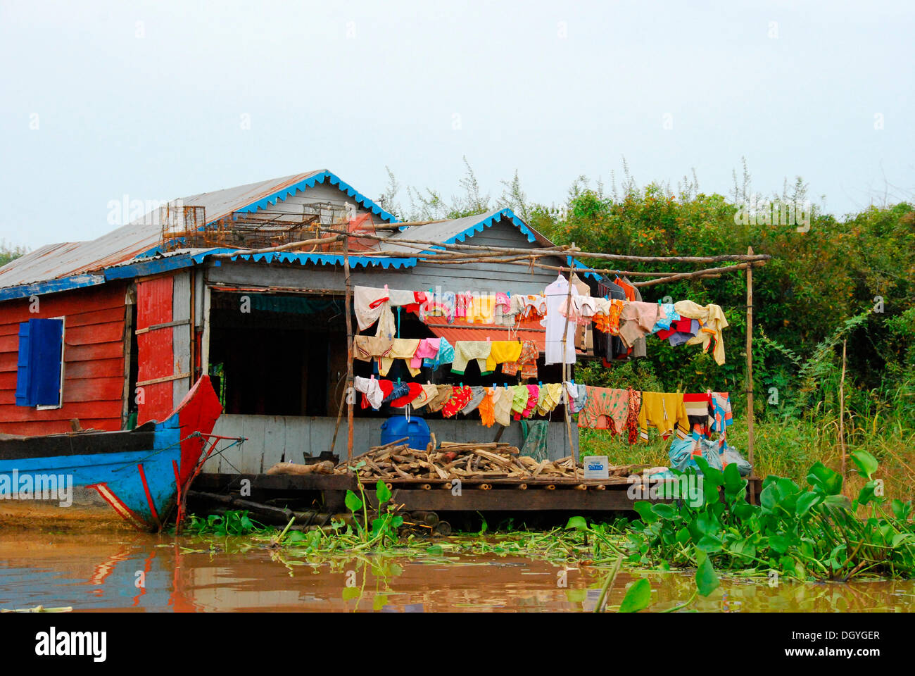 House of a Vietnamese minority in the floating village on Tonle Sap Lake, Battambang, Cambodia, Southeast Asia Stock Photo