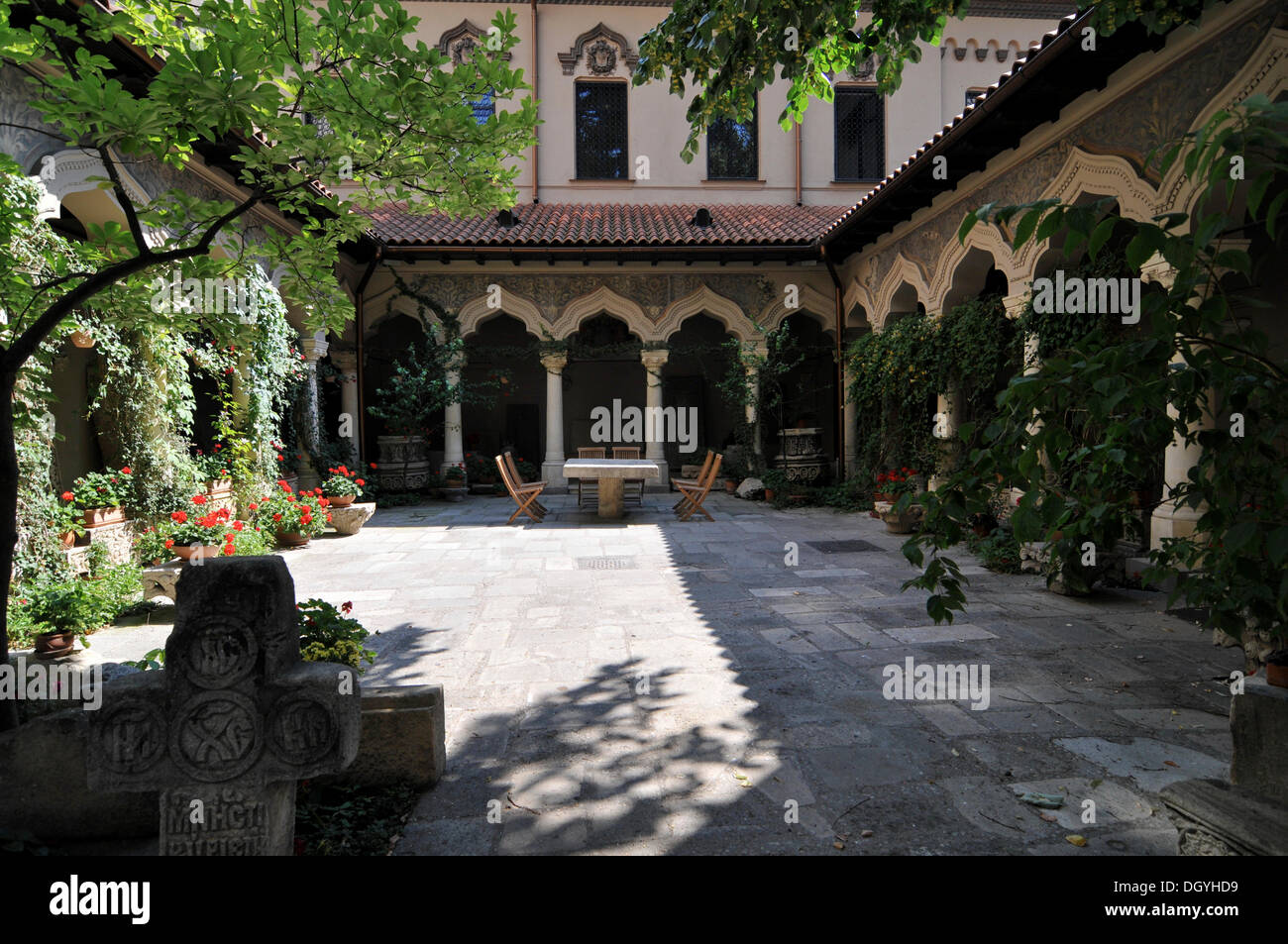 Courtyard, Stavropoleos Church, Strada Stavropoleos, Bucharest, Romania, Europe Stock Photo