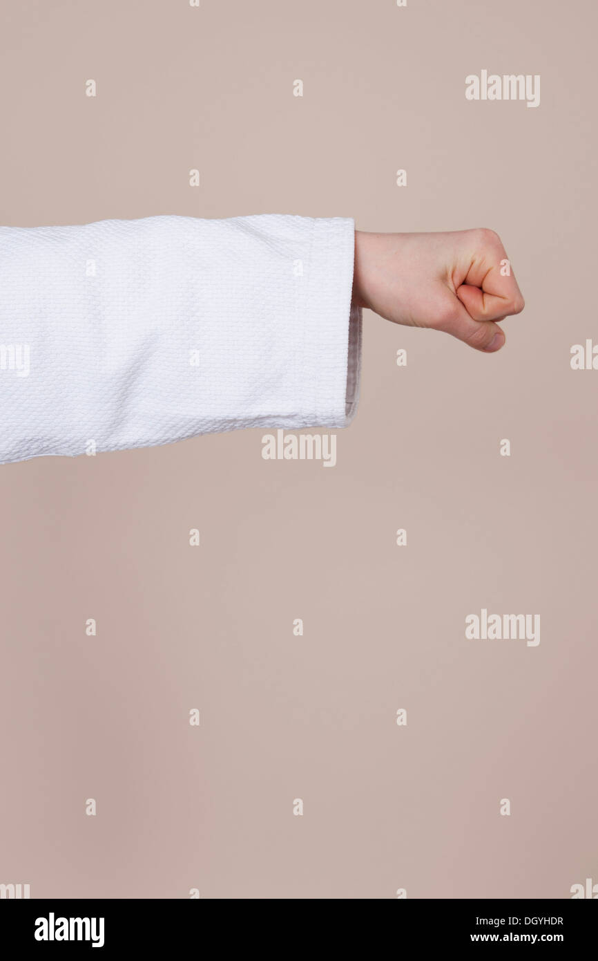 A girl in a martial arts fighting stance, closeup of arm and fist Stock Photo Alamy