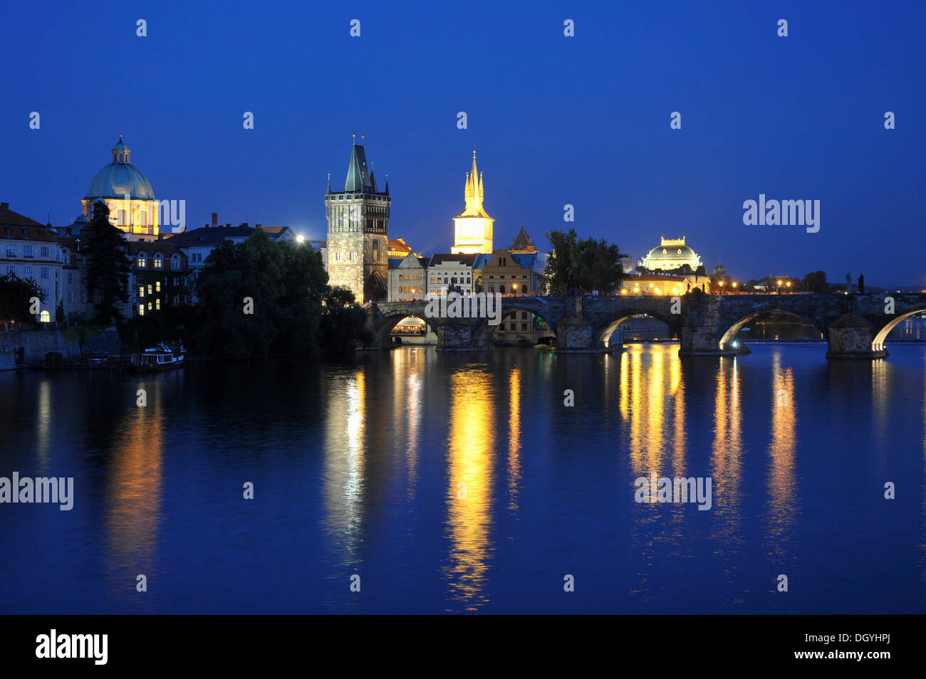 Blue Hour, Charles Bridge, Old Town, Prague, Czech Republic, Europe Stock Photo