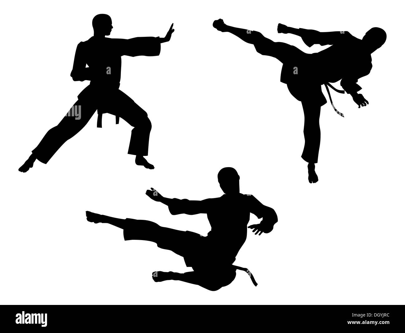 Karate martial art silhouettes of men in various karate or other martial art poses, including high kick and flying kick Stock Photo