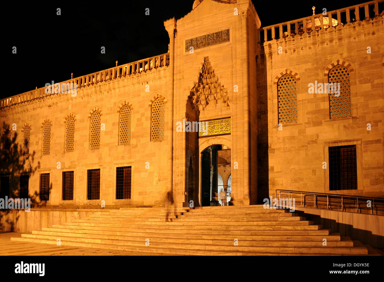 Night shot, entrance, Sultan Ahmed Mosque or Blue Mosque, old town, Istanbul, Europe Stock Photo