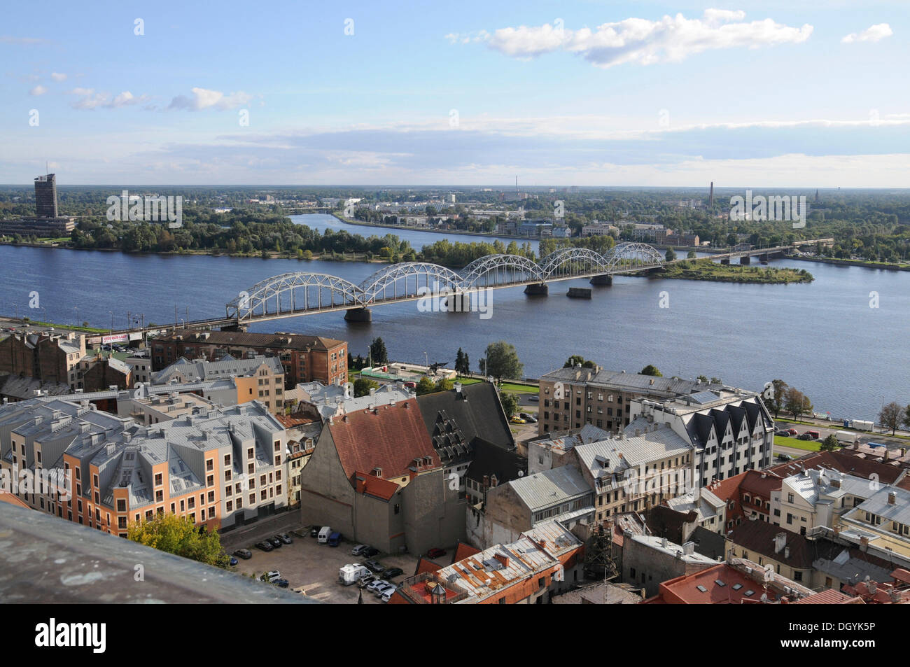 Railway bridge across the Daugava River, view of Riga, historic district, Latvia, Baltic states, Northern Europe Stock Photo