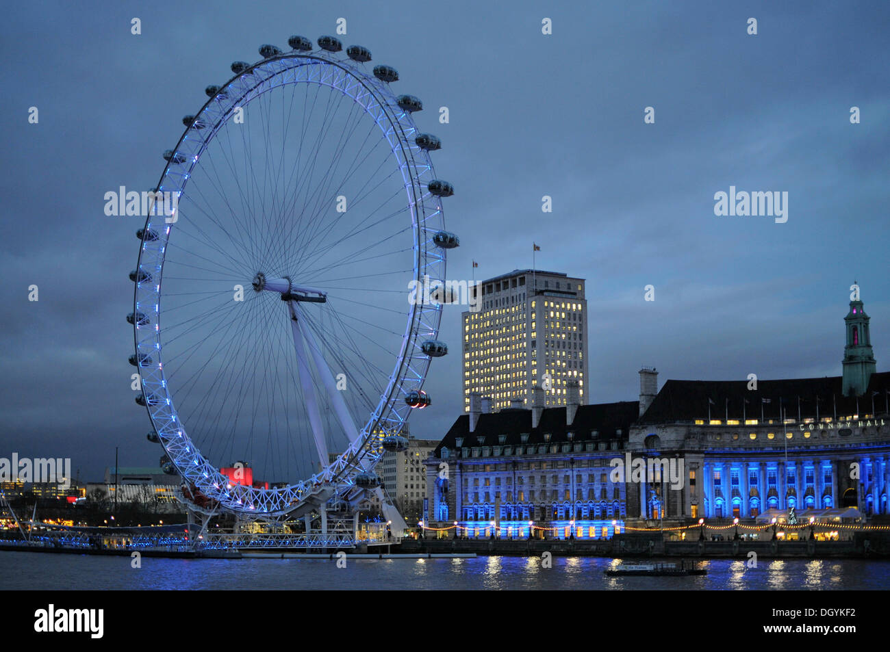 London Eye at dusk, cloudy, London, South England, England, United Kingdom, Europe Stock Photo