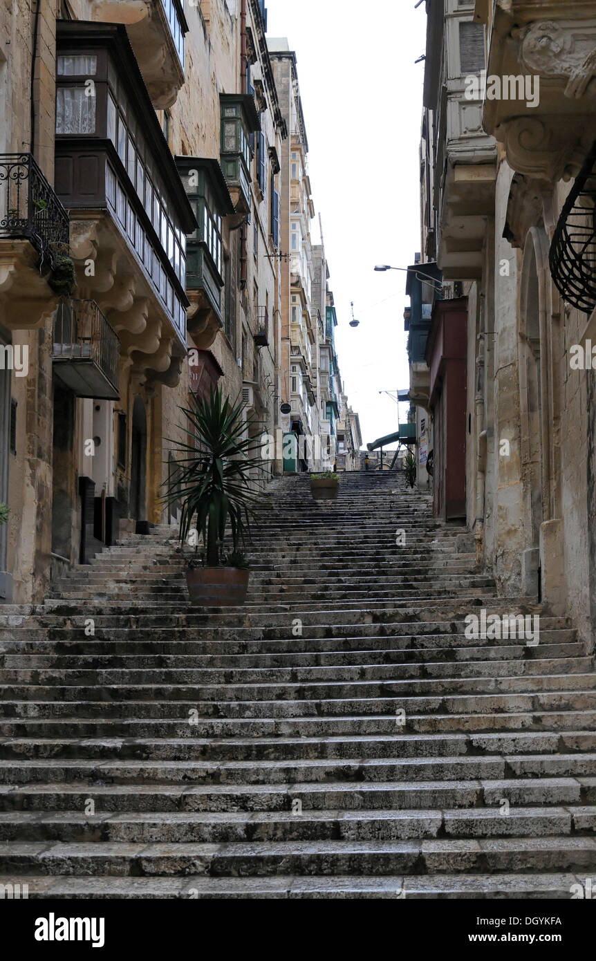 Alleyway with steps, Old Theatre Street, old town of Valletta, Malta, Europe Stock Photo