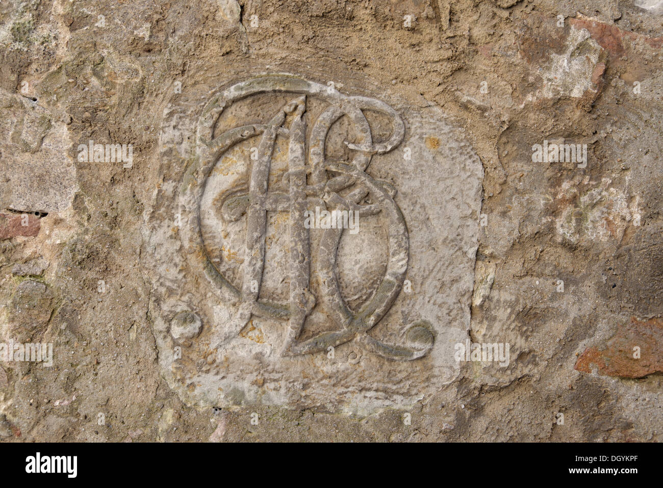 Letter stone, probably a former keystone of a gate with a monogram of the letteres A, B, C and D, Freiheit street, Meissen Stock Photo