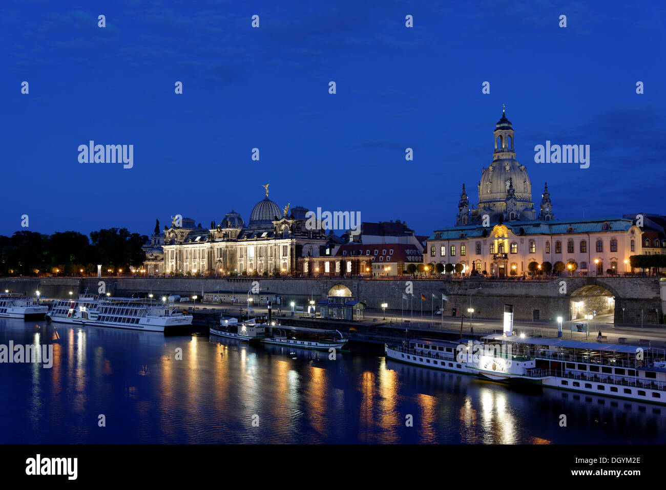 Old town with the Elbe river at dusk, Dresden, Florence of the Elbe, Saxony Stock Photo