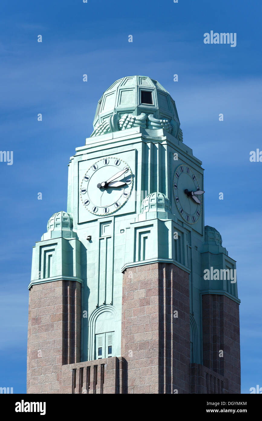 Central station, clock tower, Art Nouveau, Helsinki, Uusimaa, Finland Stock Photo