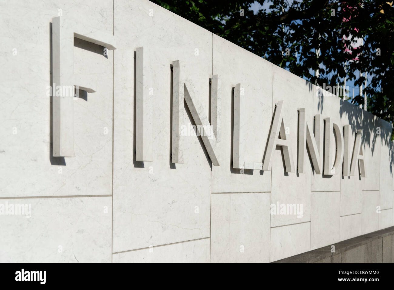 Word 'Finlandia' on the façade of Finlandia-talo or Finlandia Hall, concert hall, Helsinki, Uusimaa, Finland Stock Photo
