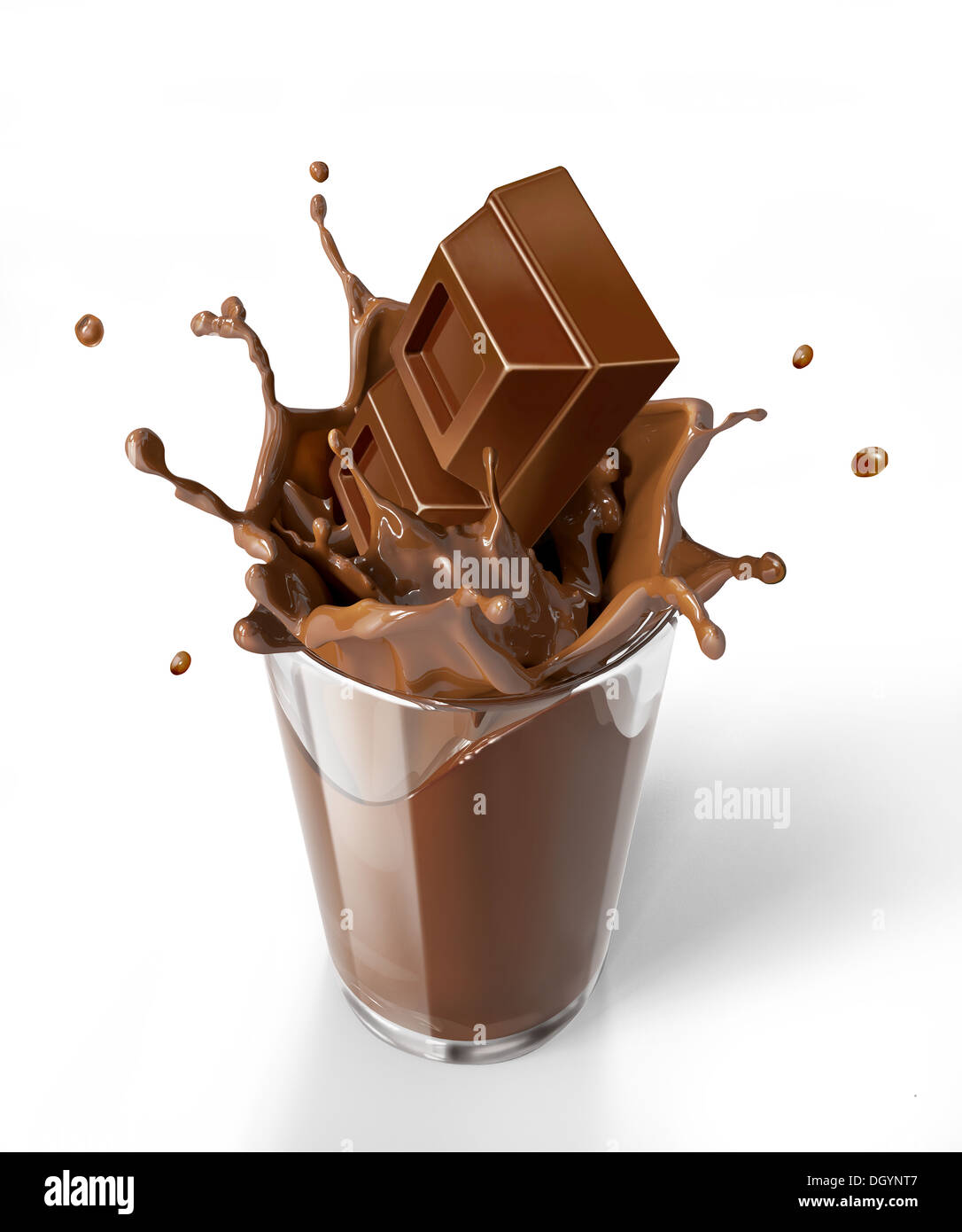 Chocolate cubes splashing into a chocolate milkshake glass. Bird eye ...