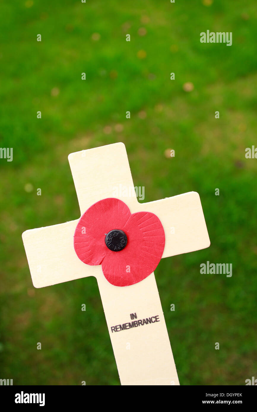 Remembrance Day wooden cross with red poppy against green background Stock Photo