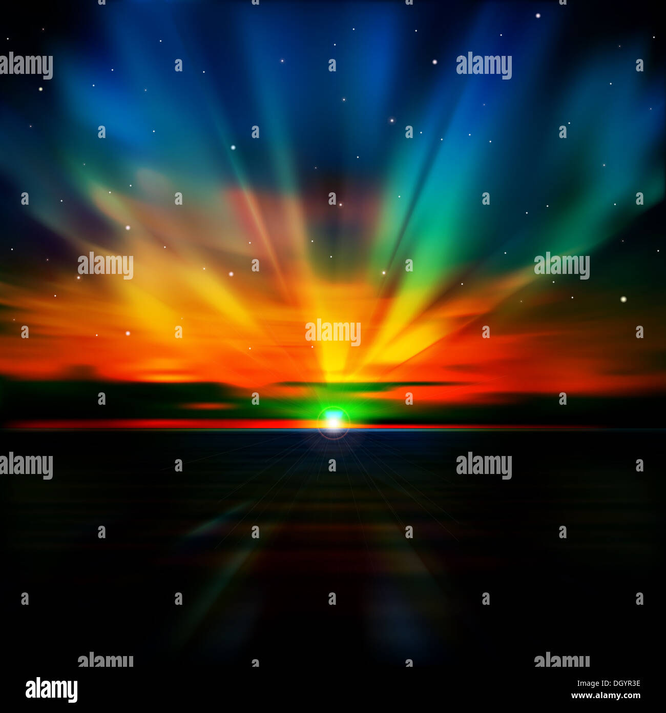 abstract blue nature background with clouds stars and sea sunrise Stock