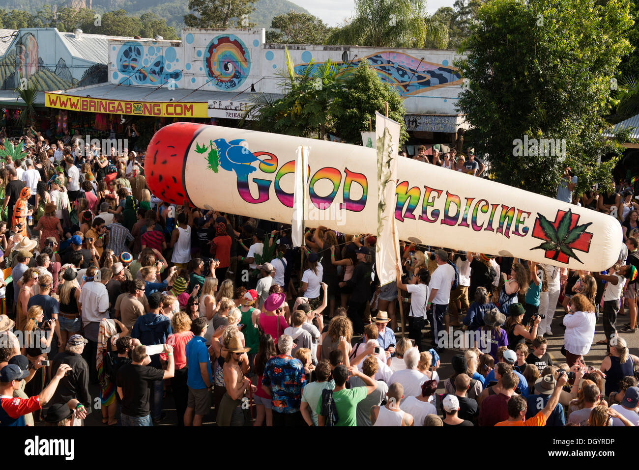 The giant joint, part of the Mardi Grass Parade in Nimbin protesting the illegality of marijuana. Stock Photo