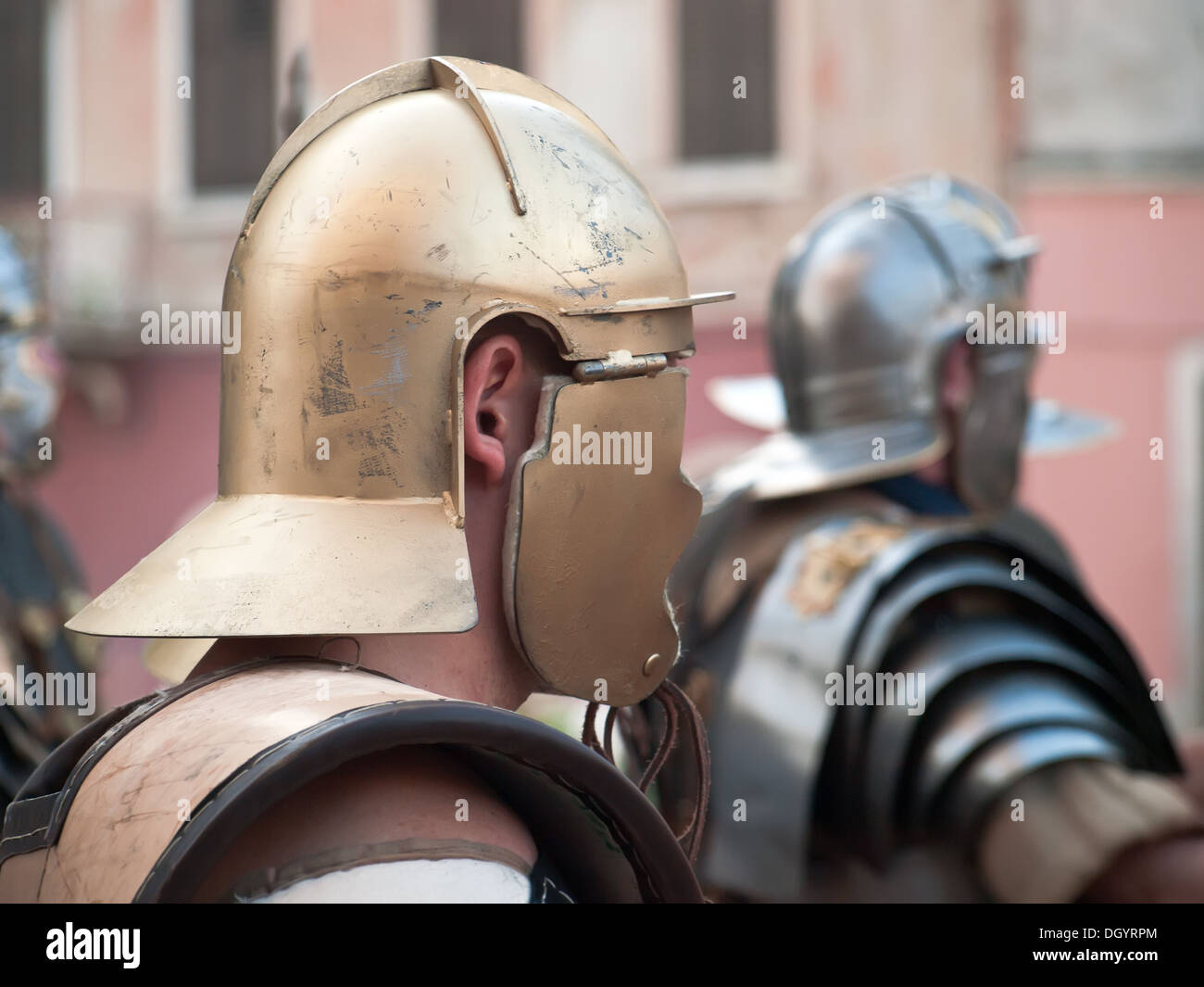 helmets on roman gladiators - side view Stock Photo