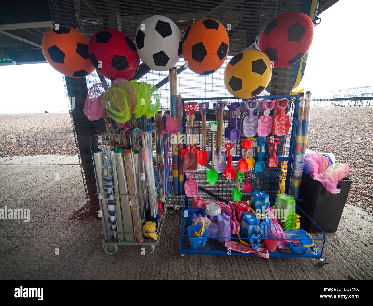 Beach games for sale on a wet day at the Brighton seaside Stock Photo