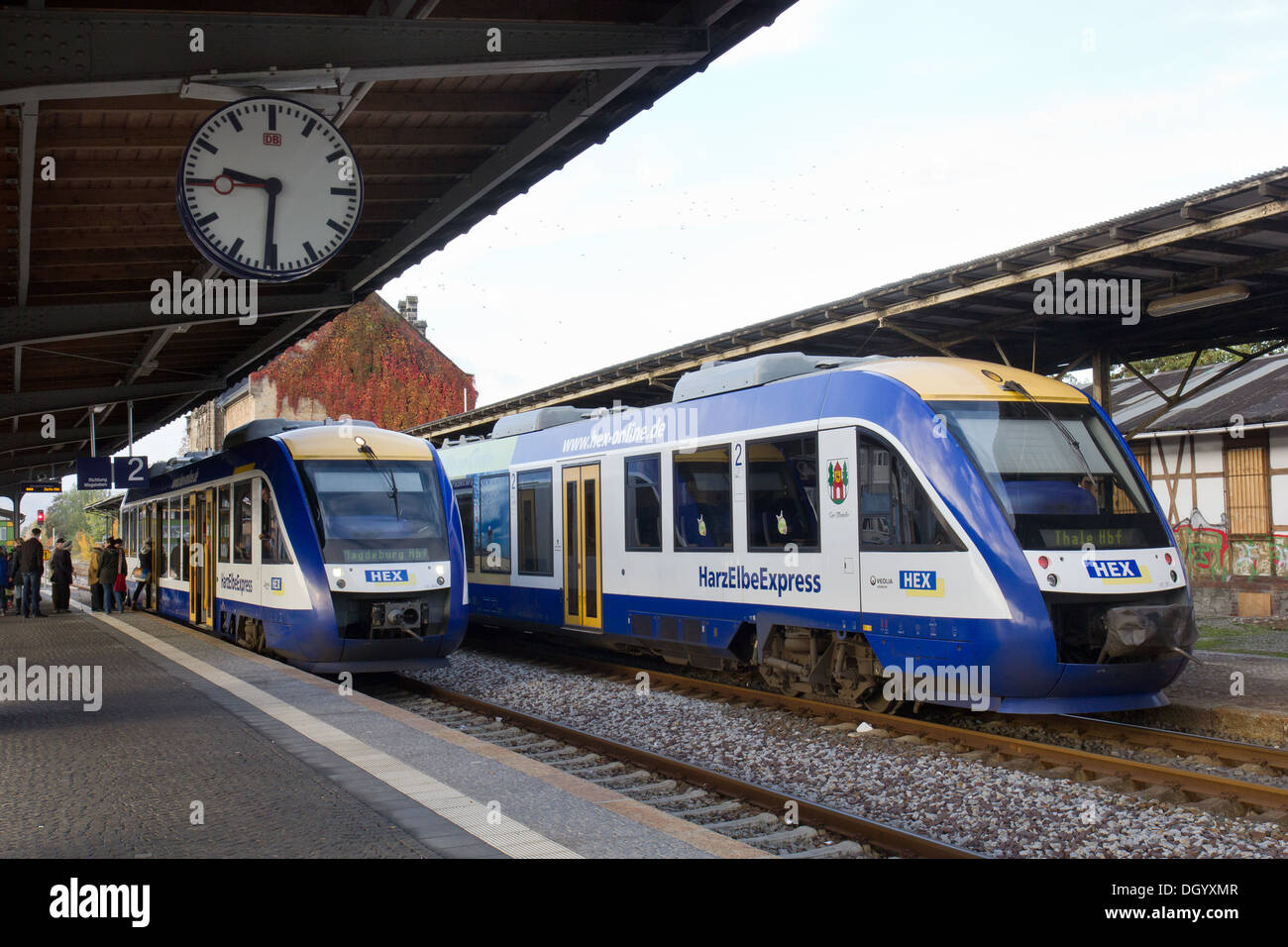 Diesel passenger trains at Quedlinburg train station, Harz,, Germany Stock Photo