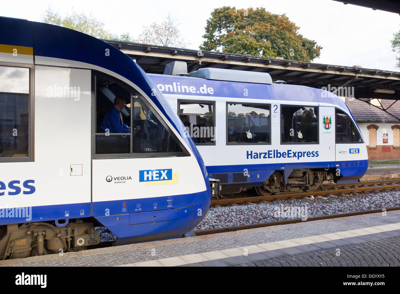 Diesel passenger trains at Quedlinburg train station, Harz,, Germany Stock Photo