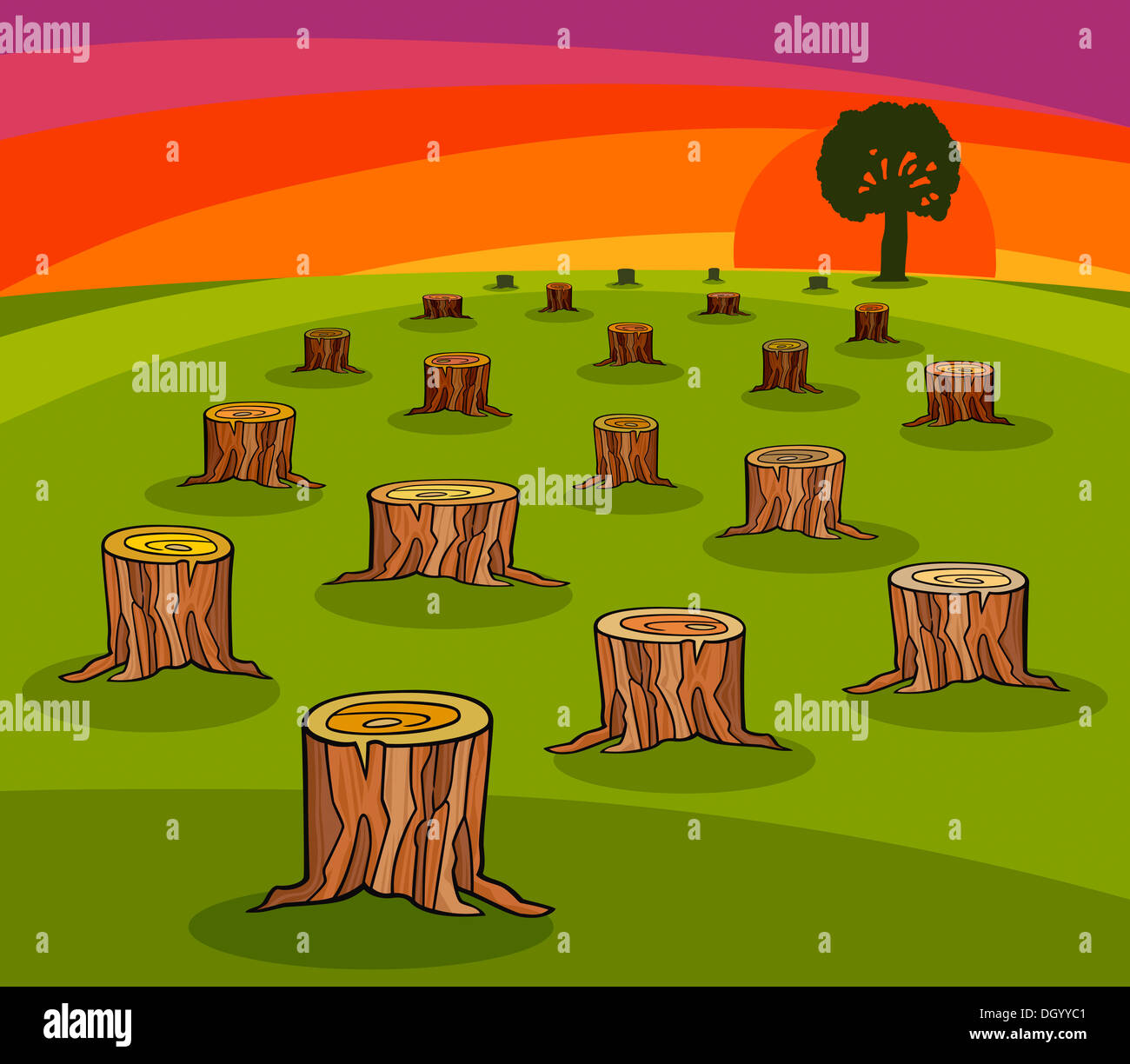 Cartoon Ecological Concept Illustration with trunks of Cut Forest and Last  Tree Stock Photo - Alamy