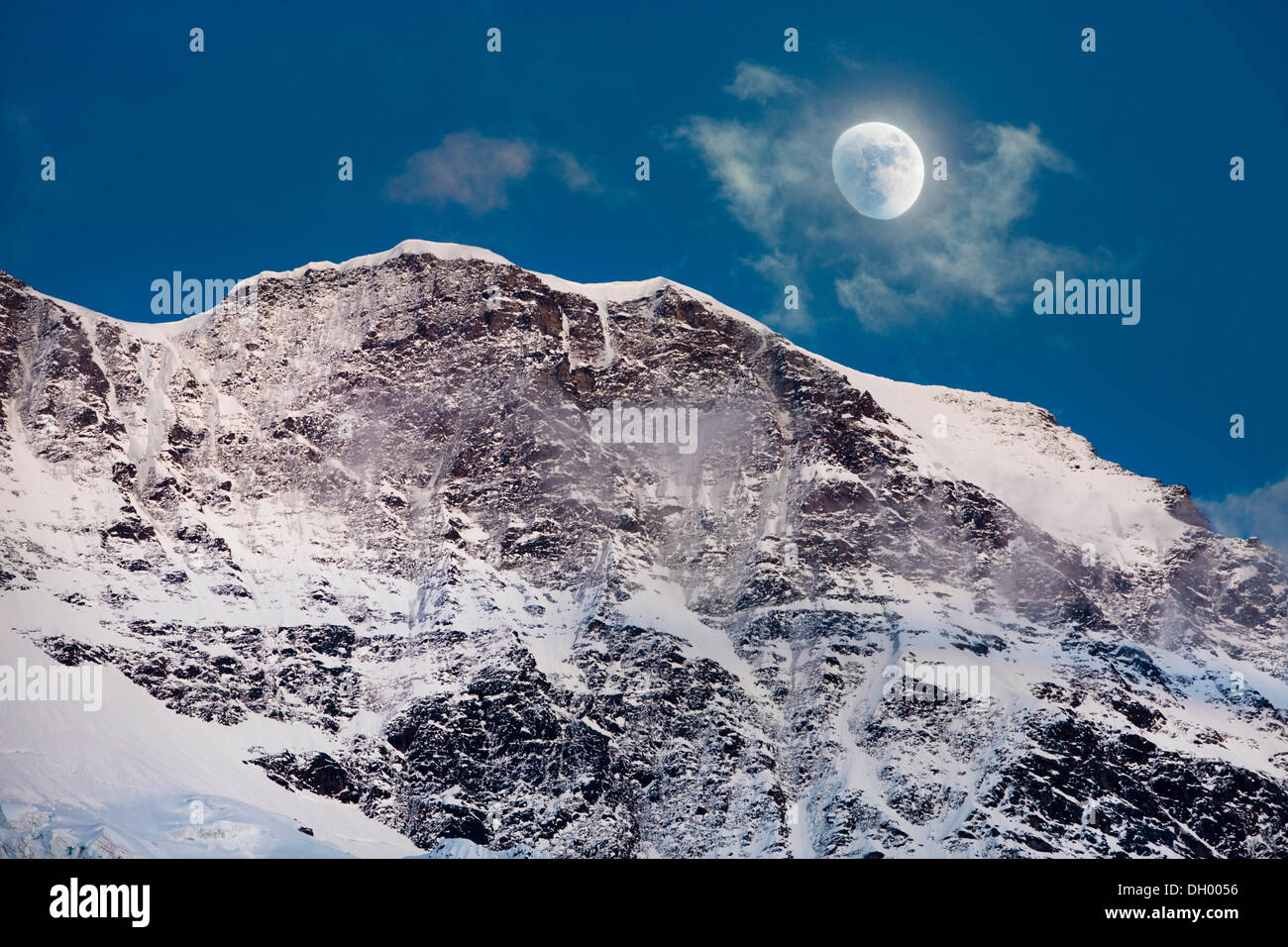 Moon over the Bernese Alps, Grimmelwald, Bernese Oberland, Switzerland, Europe Stock Photo