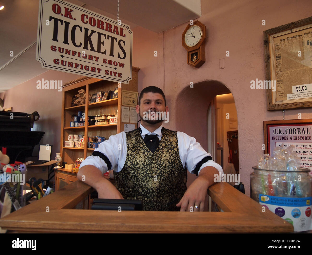 Man dressed in character selling tickets to the recreation of the Gunfight at the OK Corral in Tombstone, Arizona, USA Stock Photo
