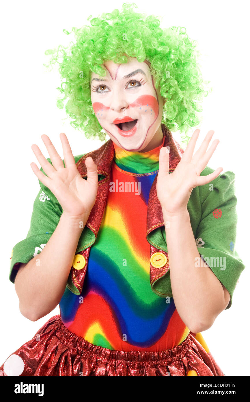 Cheerful female clown. Isolated on white background Stock Photo - Alamy