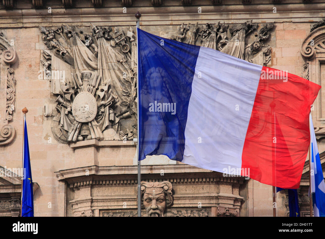 Tricolore, French flag, Town Hall, Mairie at Vieux Port, Marseille, Département Bouches du Rhône, Région Stock Photo