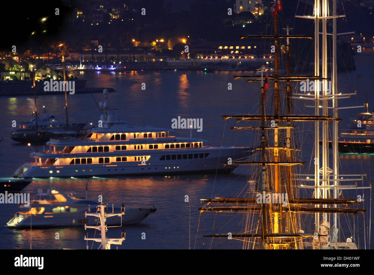 Yachts off Monaco during the Formula 1 Grand Prix at night, Principality of Monaco, Cote d'Azur, Europe Stock Photo