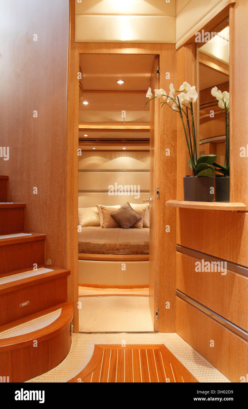 Door of the master cabin, Leonardo II, a cruiser built by Azimut, type of boat: Leonardo 98, length: 30.15 m, built in 2004 Stock Photo