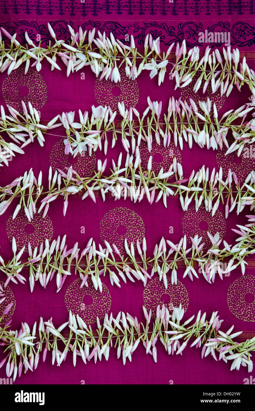 Closed Jasmine flower garlands on a colourful Indian sari Stock Photo