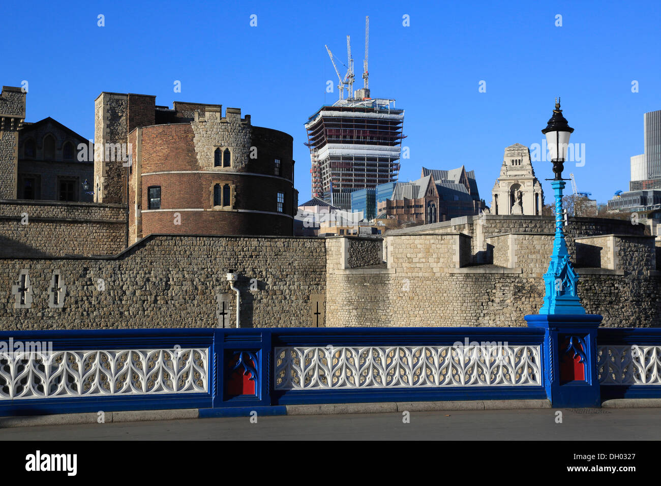 The Tower of London, seen from the approach of the Tower Bridge, looking towards the Port of London Authority Building and the Stock Photo