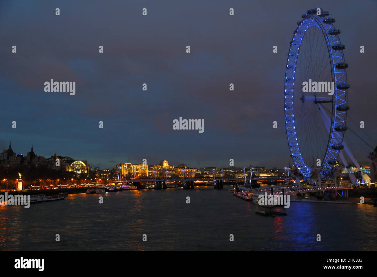 River Thames with the London Eye or Millennium Wheel, seen from Westminster Bridge in the evening, City of Westminster, London Stock Photo