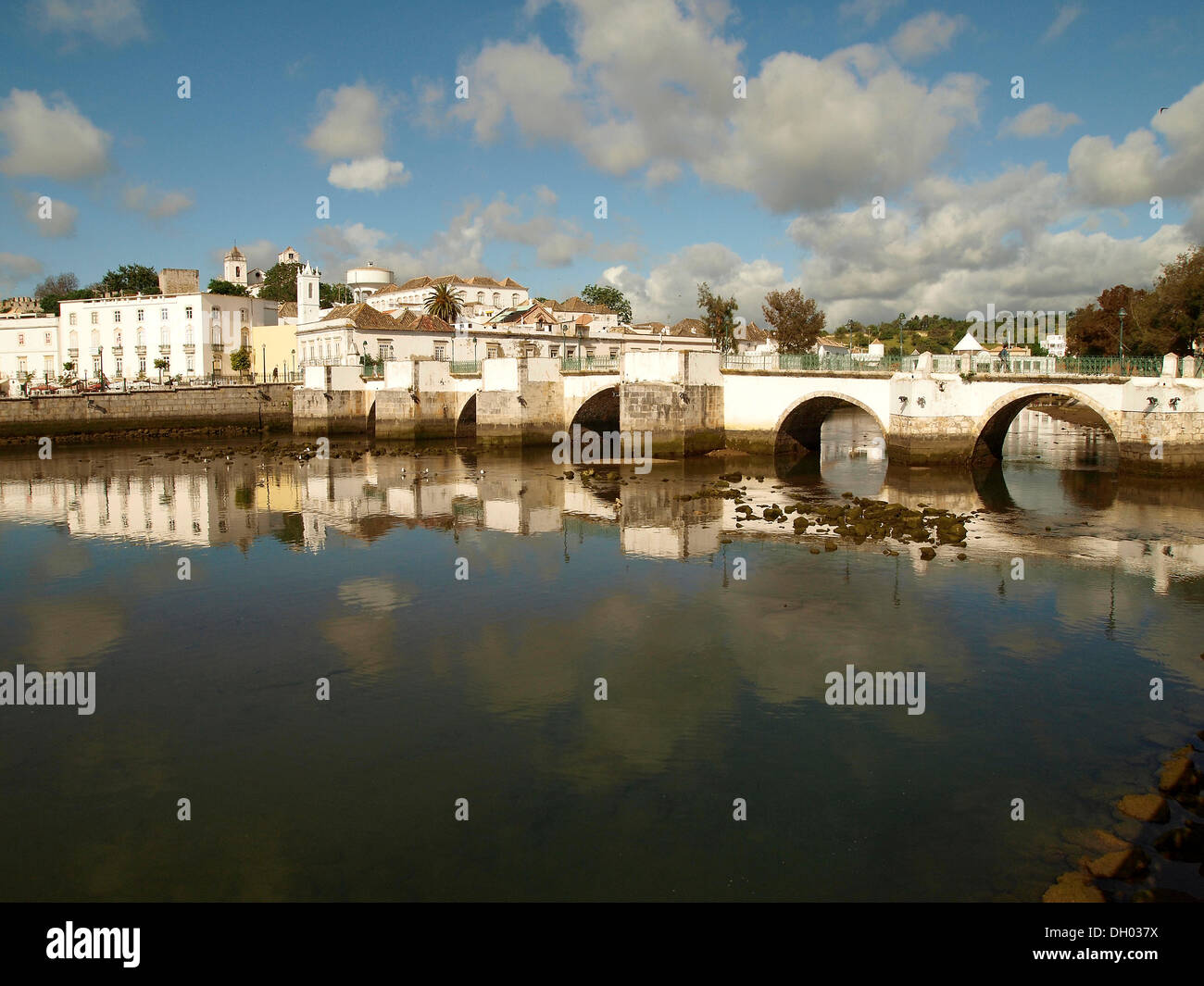 Old town and the Roman bridge reflected in the Gilao river, Tavira, Algarve, Portugal, Europe Stock Photo