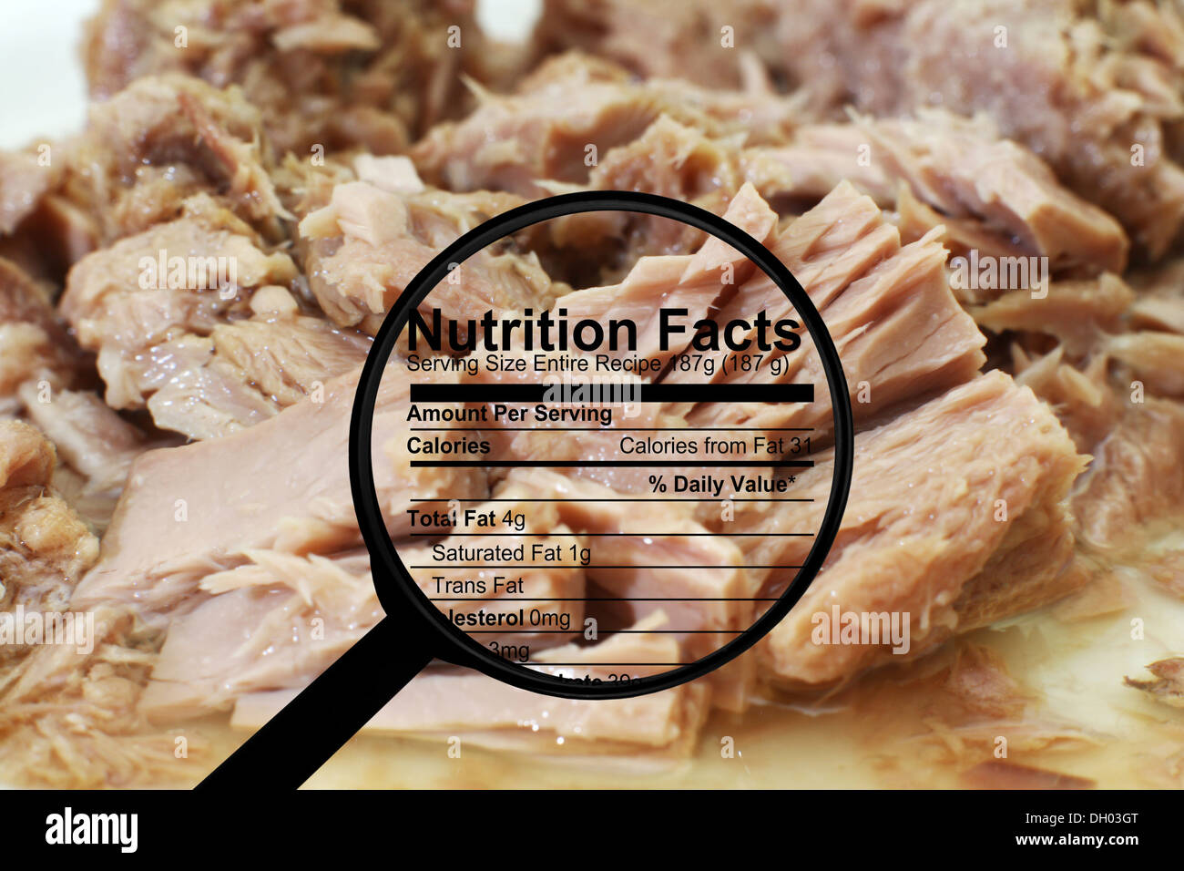 Nutrition facts text in magnifying glass with tuna Stock Photo Alamy