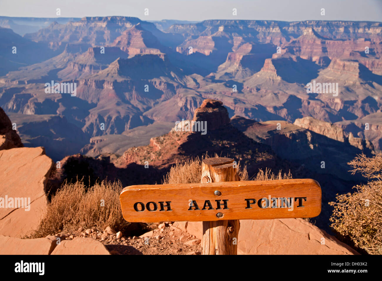 Sign, 'Ooh Aah Point' on the South Kaibab trail through Grand Canyon National Park, Grand-Canyon-Nationalpark, Arizona Stock Photo