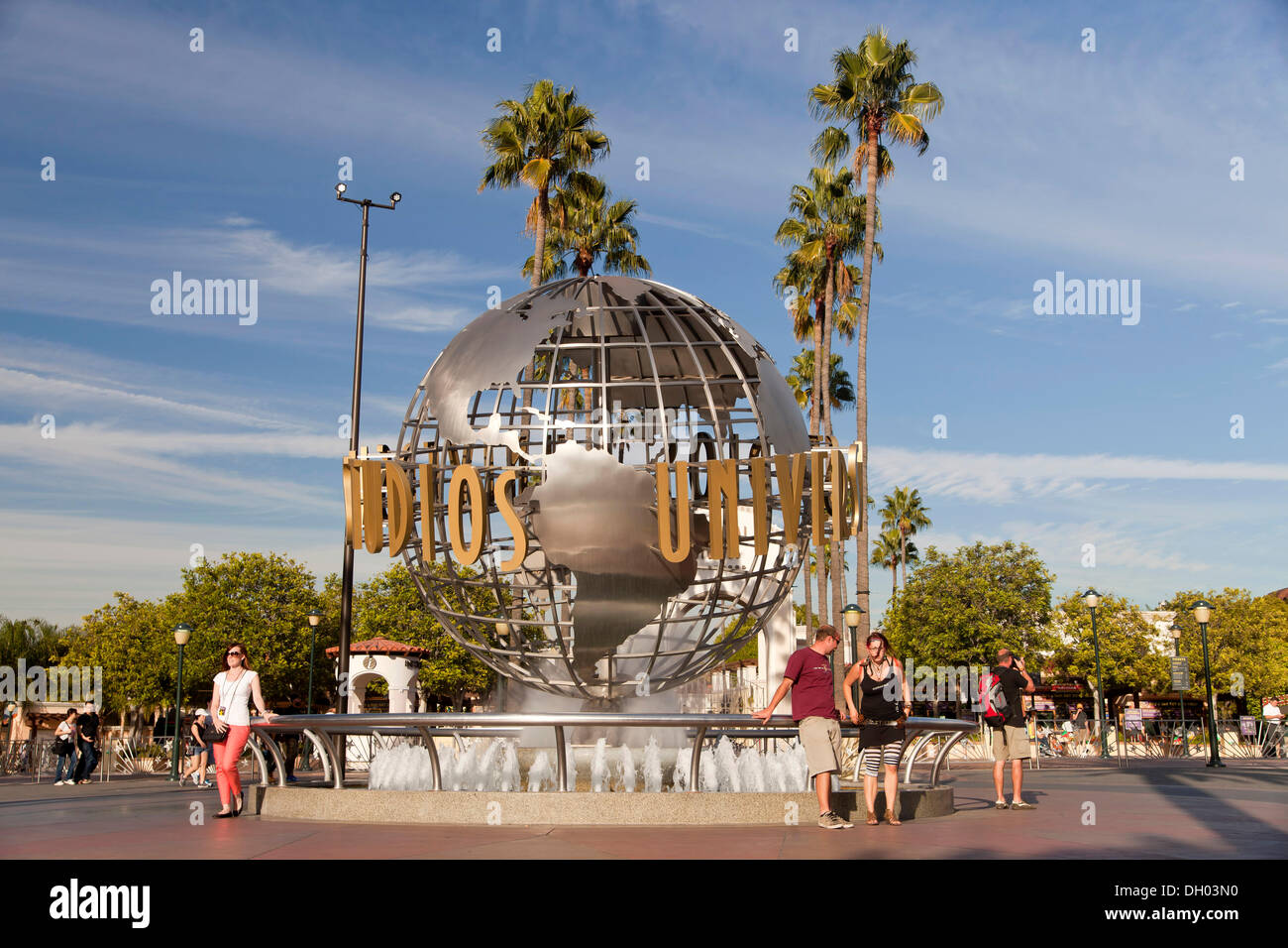 Universal globe, entrance to the Universal Studios Hollywood amusement park, Universal City, Los Angeles, California Stock Photo