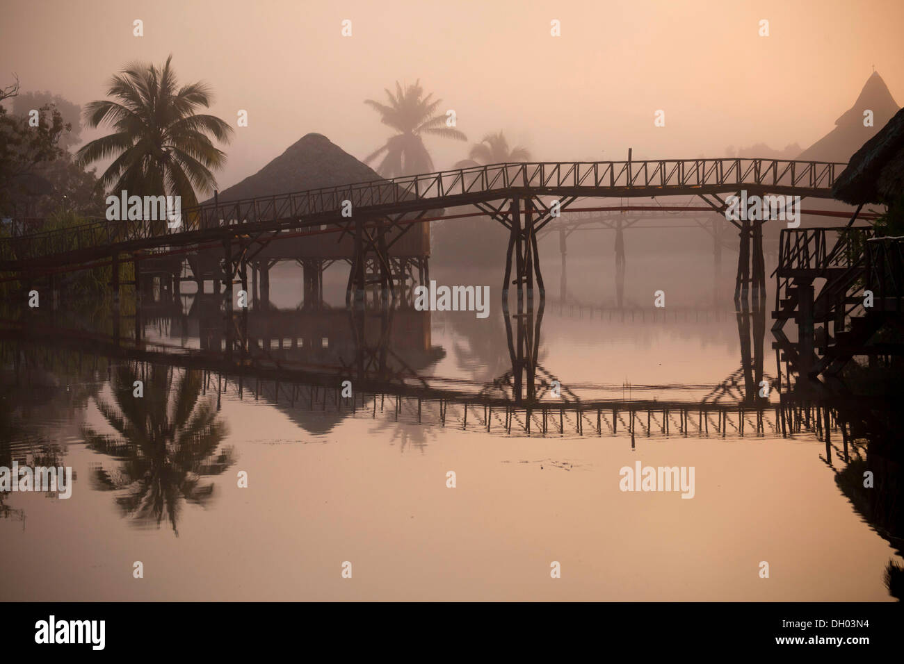 Early morning at Villa Guama, small hotel on stilts in the style of a Native American village, Villa Guama, Boca de Guama Stock Photo