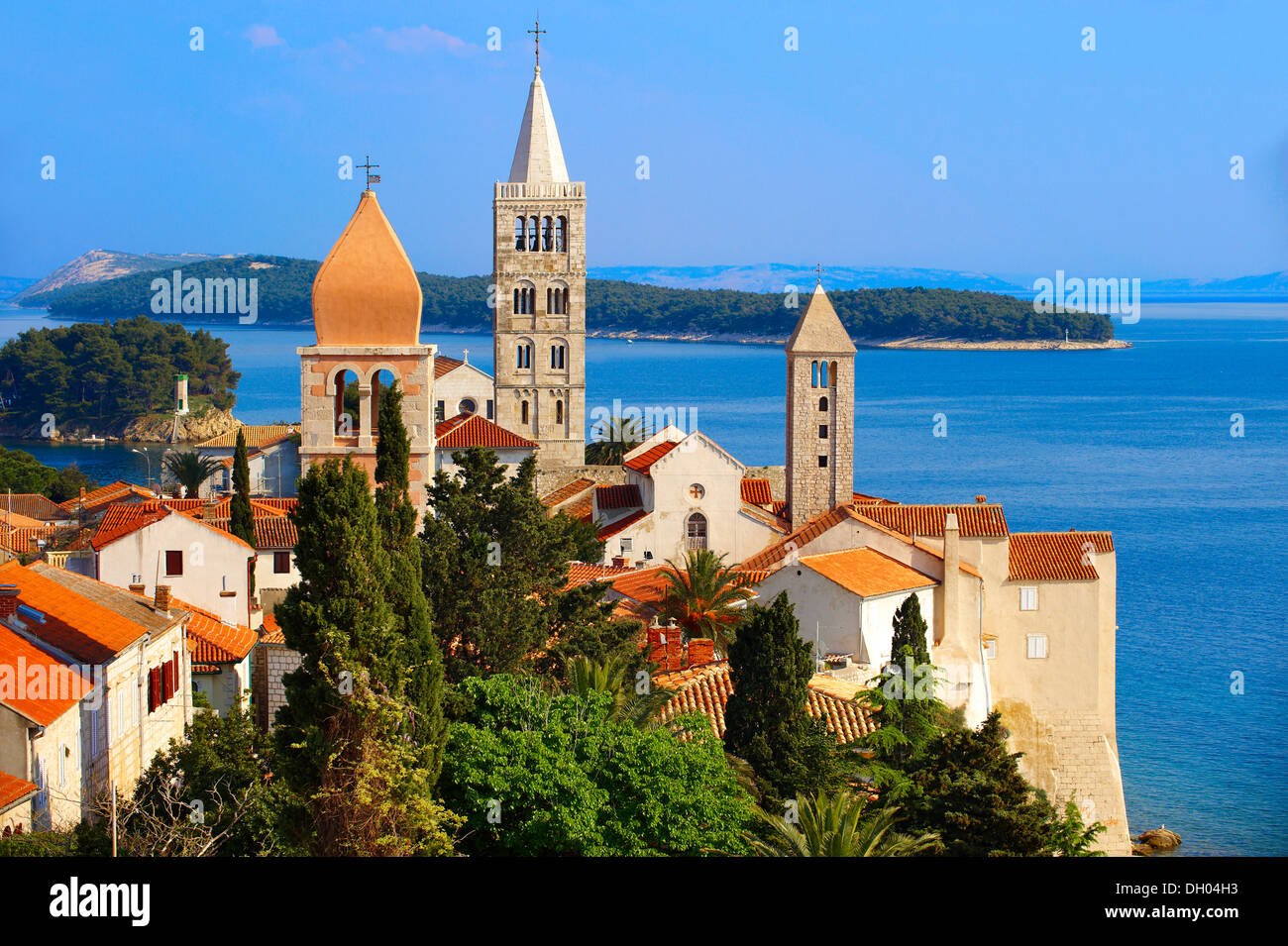 View from St John Church tower over the medieval roof tops of Rab town, Rab Island, Croatia, Europe Stock Photo