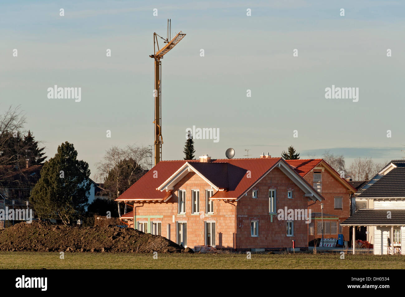 Construction site, housing development area, detached houses, Anzing, Upper Bavaria, Bavaria Stock Photo