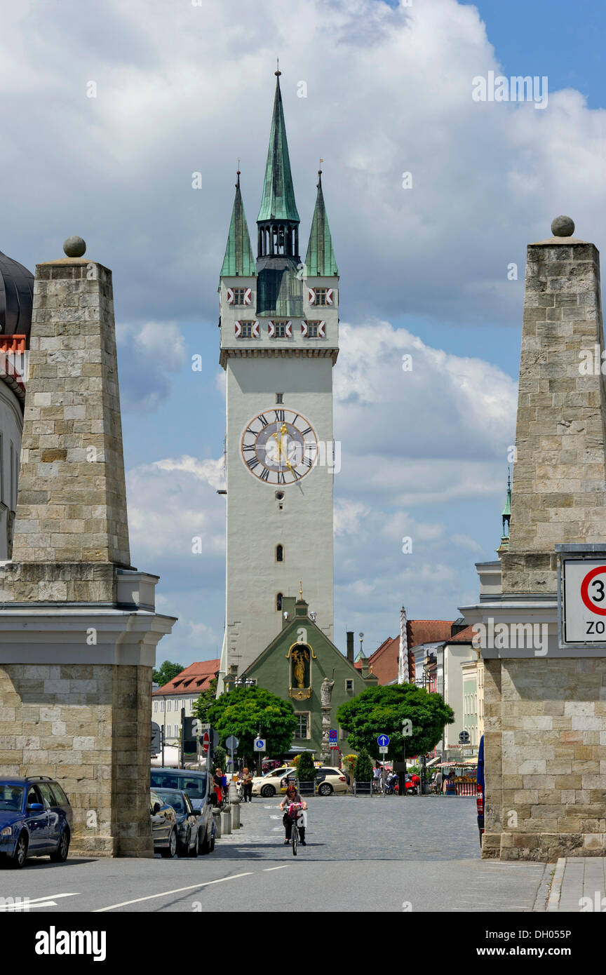 City Tower as seen from Stadtplatz square, Ludwigsplatz square, Straubing, Lower Bavaria, Bavaria, PublicGround Stock Photo