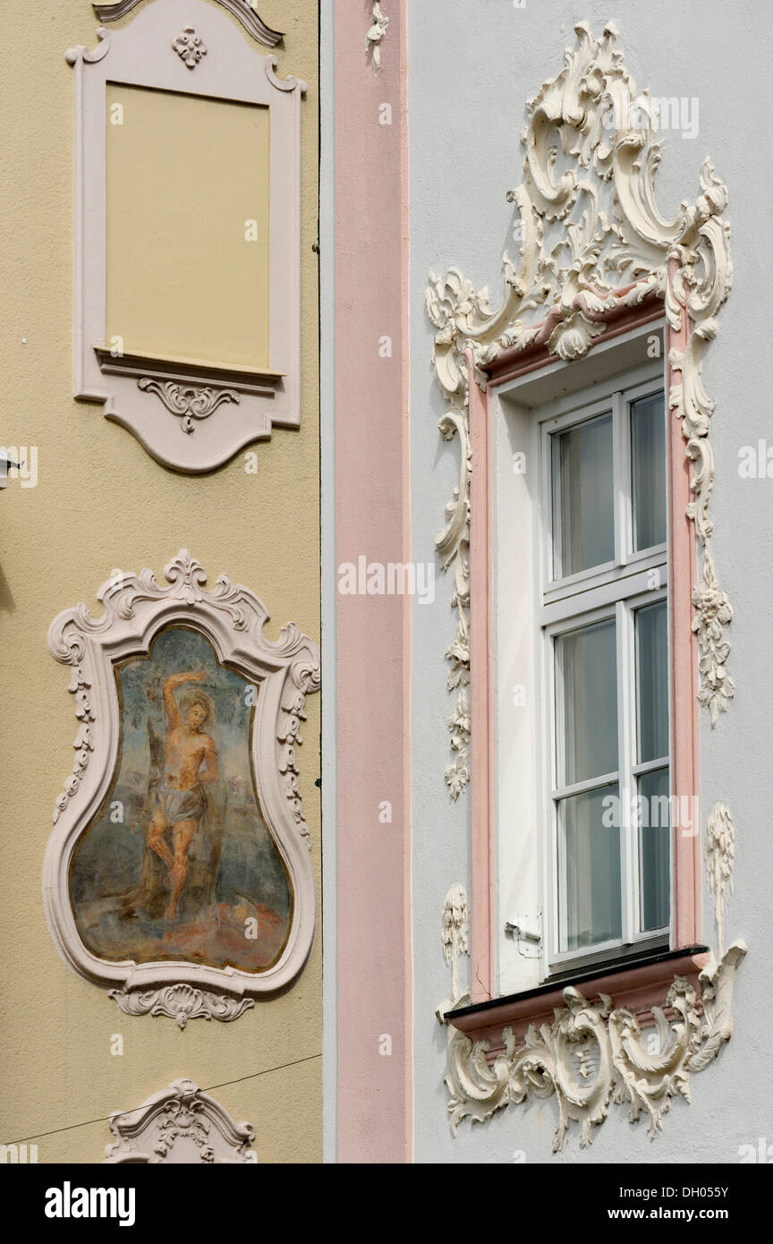 Fresco and stucco work on facades, Straubing, Lower Bavaria, Bavaria, PublicGround Stock Photo